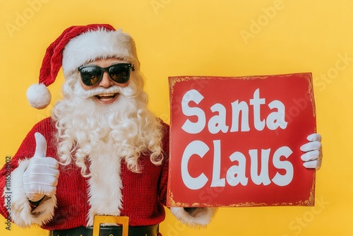 A portrait of a handsome and cheerful bad Santa, holding a red sign with a horn symbol, promoting a party, set against a bright and vibrant yellow background photo