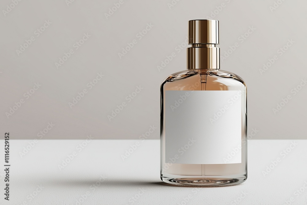 Sophisticated Spray Bottle Designs. A sleek, elegant perfume bottle with a gold cap, featuring a blank label, set against a neutral background. Sophisticated Spray Bottle Designs. A sleek, elegant perfume bottle with a gold cap, featuring a blank label, set against a neutral background.