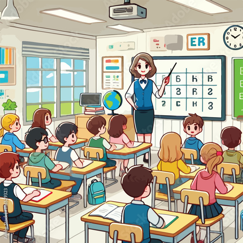 Teacher and students in classroom. Back to classroom
