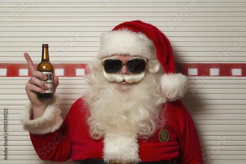 A soused Bad Santa Claus, wine bottle in tow, stands in front of a police mugshot board with a ruler for height. He features a natural beard, red hat, and suit photo