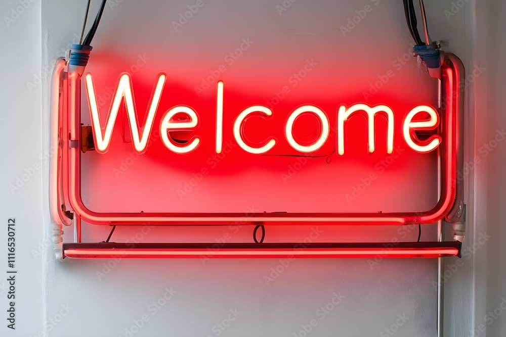 Fototapeta premium Bright neon welcome sign lights up entrance of a cozy establishment at night