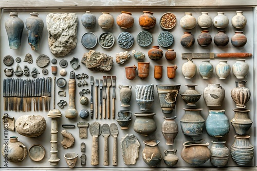 Display of ancient artifacts with archaeological tools

