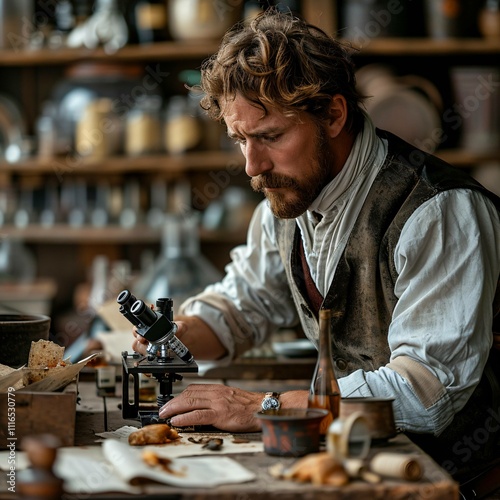 Archaeologist examining artifacts under a microscope