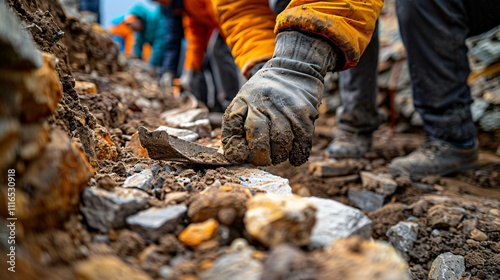 Tools and archaeologists at an active excavation