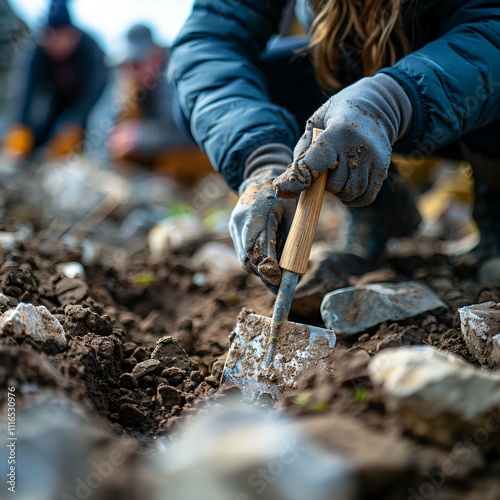 Archaeological dig with archaeologists and ancient relics