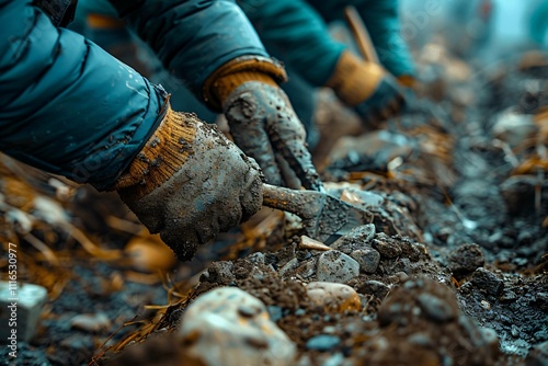Active excavation with tools and uncovered artifacts