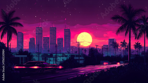 Sunset cityscape with palm trees and classic car.