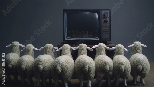 Sheep with TV screens, brain addicted to social media, manipulation and mind control by media, disconnected to reality 
