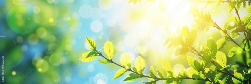 Obraz premium Spring Summer Background. Abstract Art with Fresh Greenery and Sunny Sky