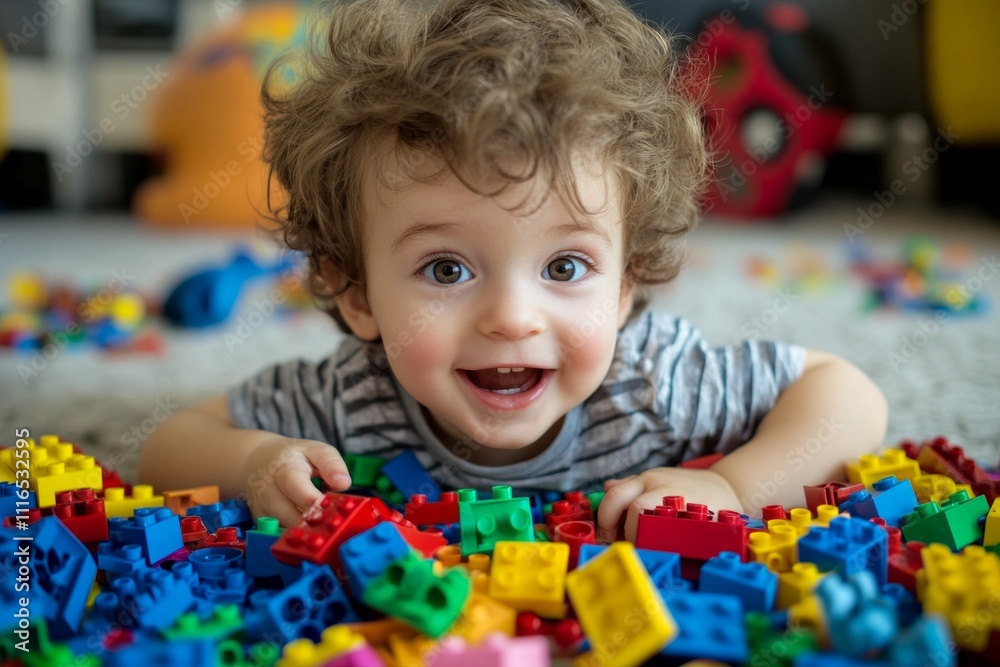 Smiling caucasian child playing with colorful toy blocks indoors Smiling caucasian child playing with colorful toy blocks indoors