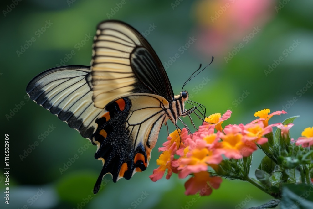 Fototapeta premium Beautiful swallowtail butterfly on vibrant pink and orange flowers