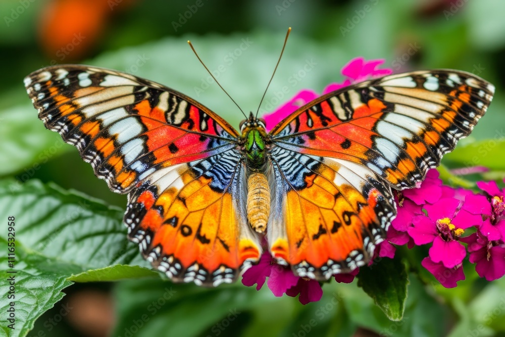 Obraz premium Vibrant orange and black butterfly resting on pink flowers in a green garden