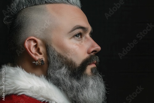 A surly, aggressive elderly man with gray hair dressed as Santa Claus, in a foul mood. Spending New Year and Christmas with a peculiar, malevolent Santa. A severe, hazardous Santa Claus with a mohawk photo