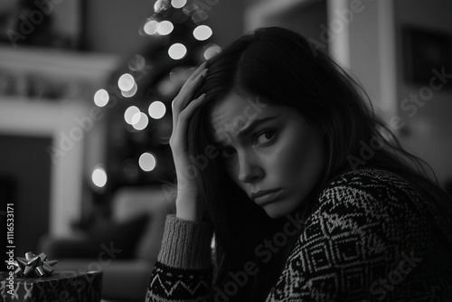 An anxious and fatigued lady dreads the Christmas season, feeling unhappy and stressed photo