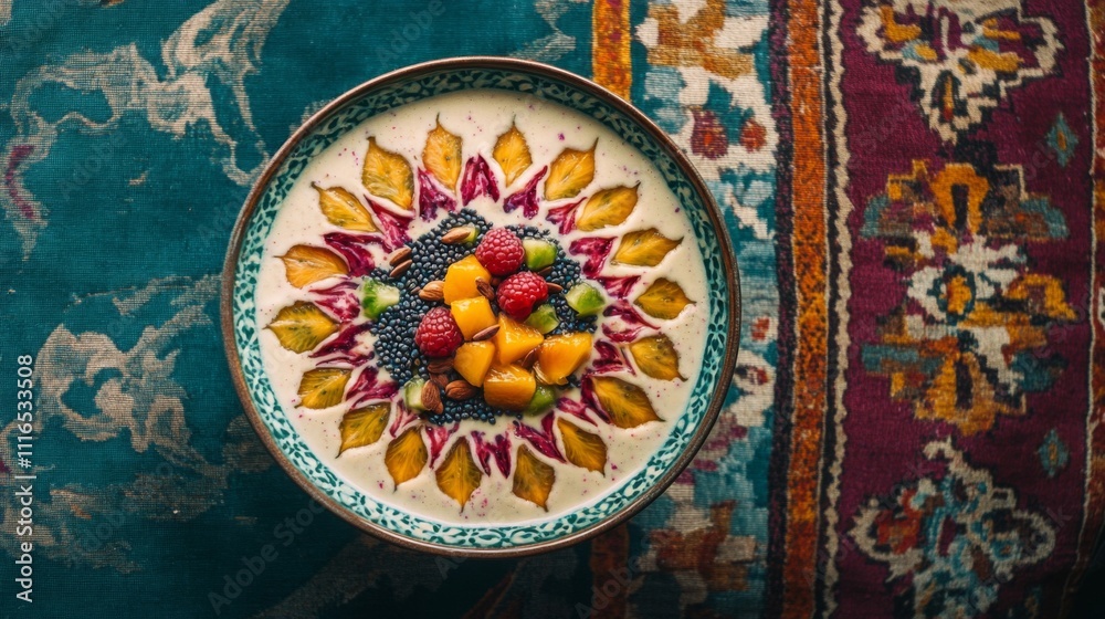 Fototapeta premium Colorful Fruit and Seed Bowl on Ornate Rug