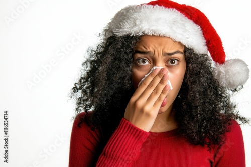 A young Hispanic woman, dressed as Mama Noel and isolated on a white background, is coughing and feeling unwell photo