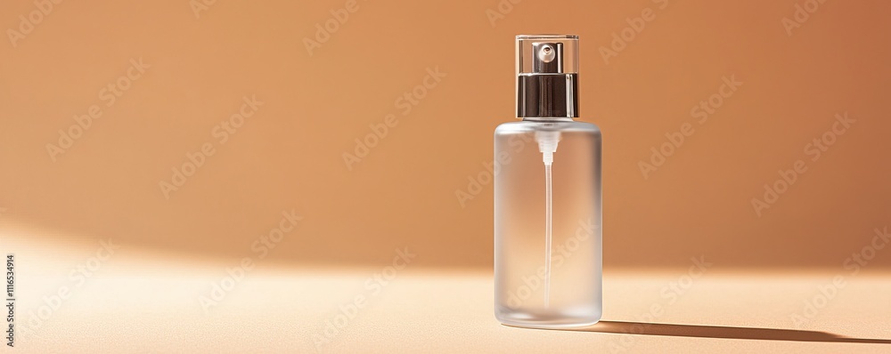 Naklejka premium Sophisticated Spray Bottle Designs. A simple, elegant spray bottle stands against a warm, minimalistic backdrop, highlighting its sleek design and transparency.