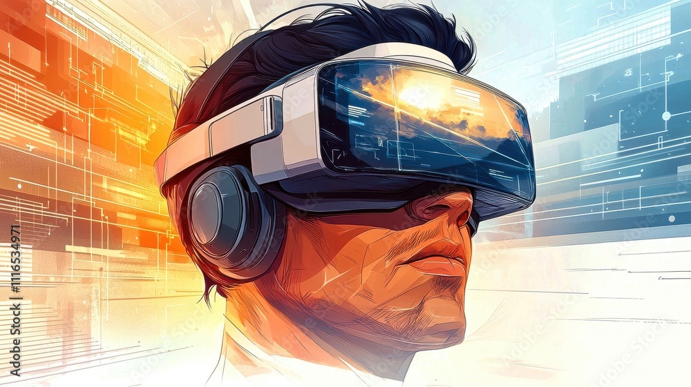 Fototapeta premium A futuristic character wearing virtual reality goggles, exploring a digital world filled with vibrant colors.