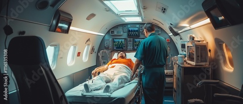 AI generator images of doctor examining, treating and resuscitating patients on an airplane,life-saving equipment, medical aircraft, used to transport seriously ill patients Area far hospital ,transpo photo