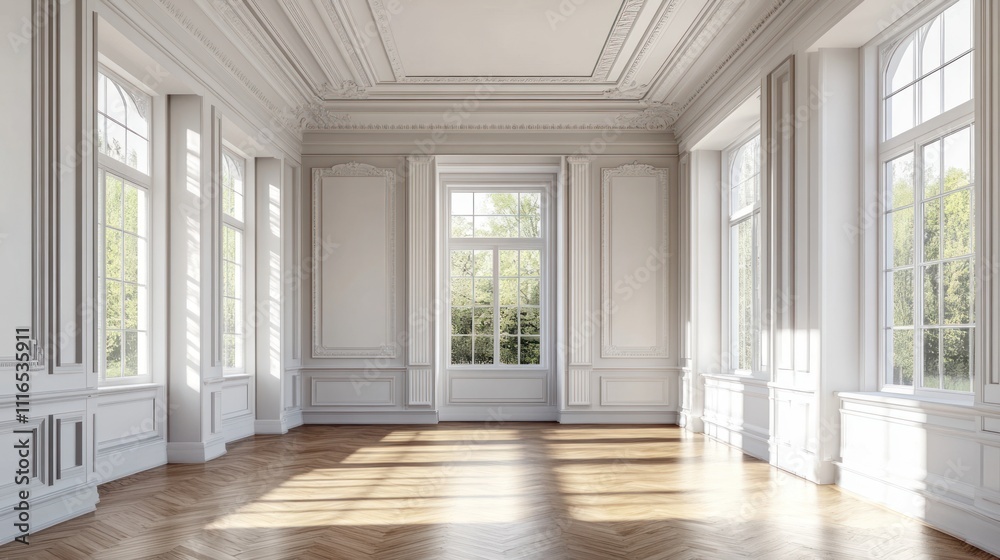 Obraz premium Sunlit empty room with classic white walls, wood floors, and large windows.