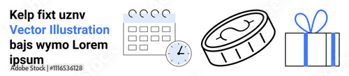 Calendar with clock, coin, and wrapped gift. Ideal for event planning, time management, financial planning, celebrations, holiday preparations scheduling and productivity. Landing page