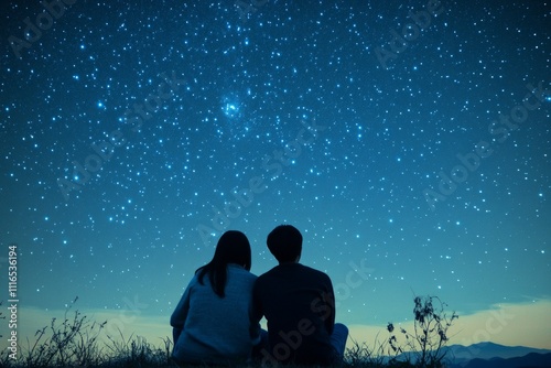 Young asian couple stargazing under a starry night sky