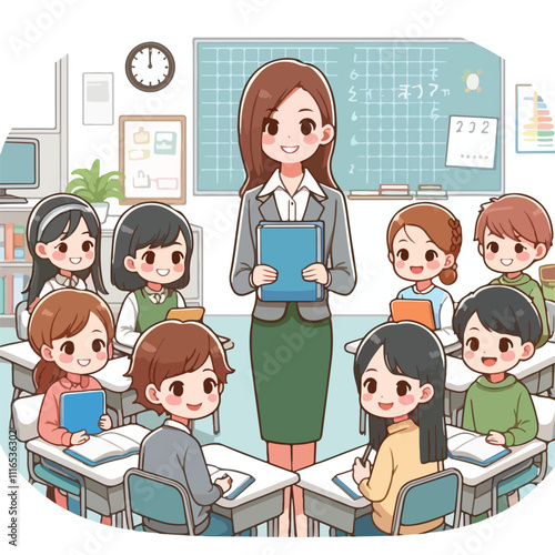 Teacher and students in classroom. Back to classroom