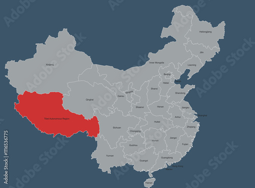 Map Highlighting tibet aubergine  liaoning  in China with Regional Labels