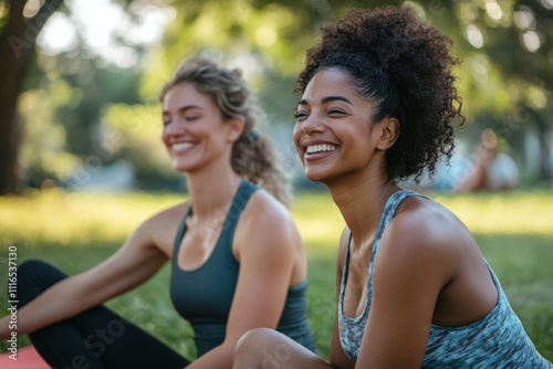 Two young women enjoy outdoor workout in park