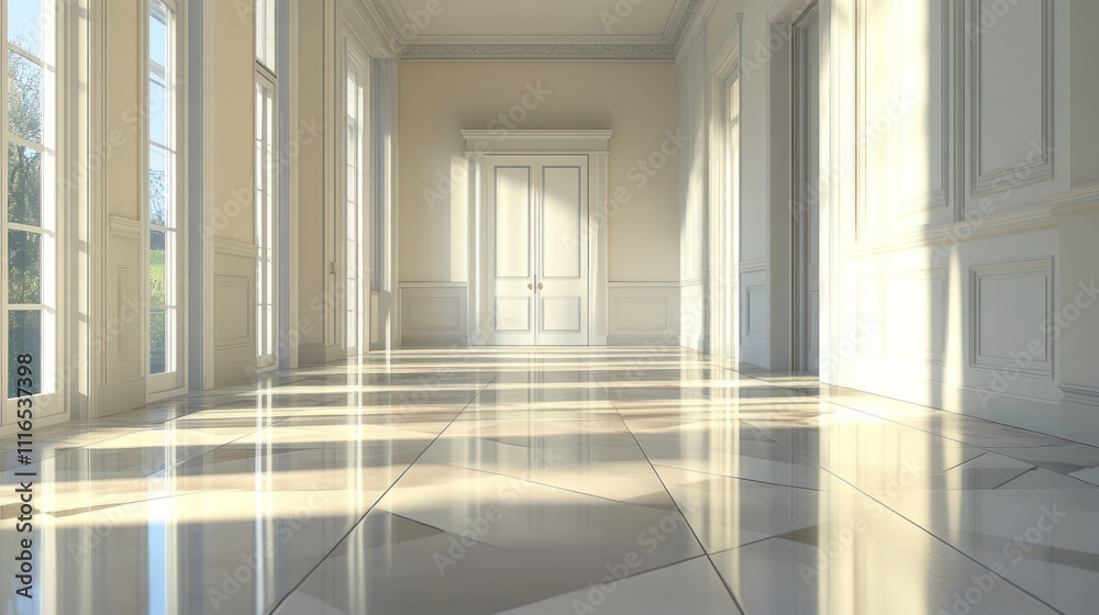 Fototapeta premium Sunlit elegant hallway with white walls, large windows, and marble floor.