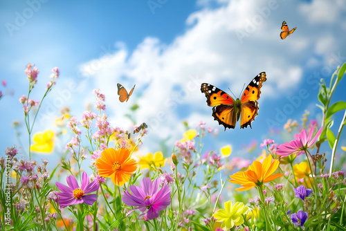 Vibrant garden with blooming flowers, bees, and butterflies, capturing the freshness of spring
