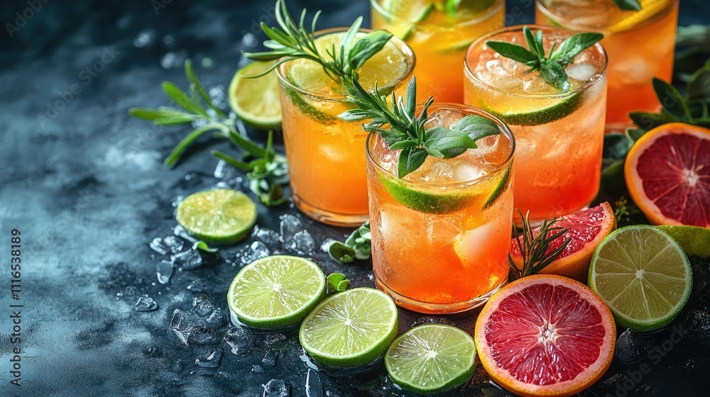 Fototapeta premium Refreshing cocktails with citrus garnishes on a dark surface, perfect for summer gatherings.
