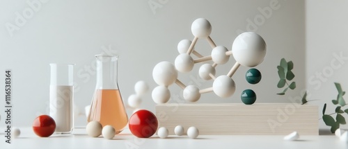 A molecular model and beakers on a table blend scientific precision with artistic presentation, highlighting chemistry in a captivating setup. photo