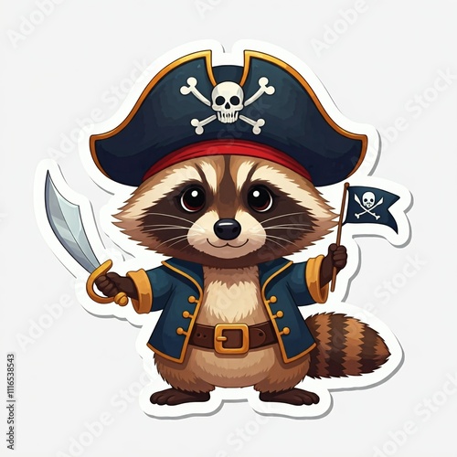 Chibi pirate raccoon with a small sword, holding a pirate flag, sticker style, white background.
 photo