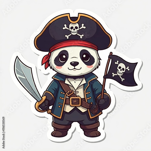 Chibi pirate panda with a sword and a pirate flag, standing tall, sticker style, white background.
