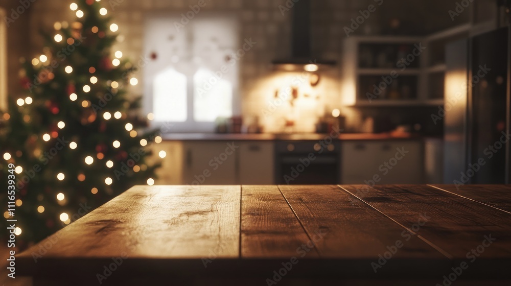Fototapeta premium Rustic wooden table in cozy Christmas kitchen.