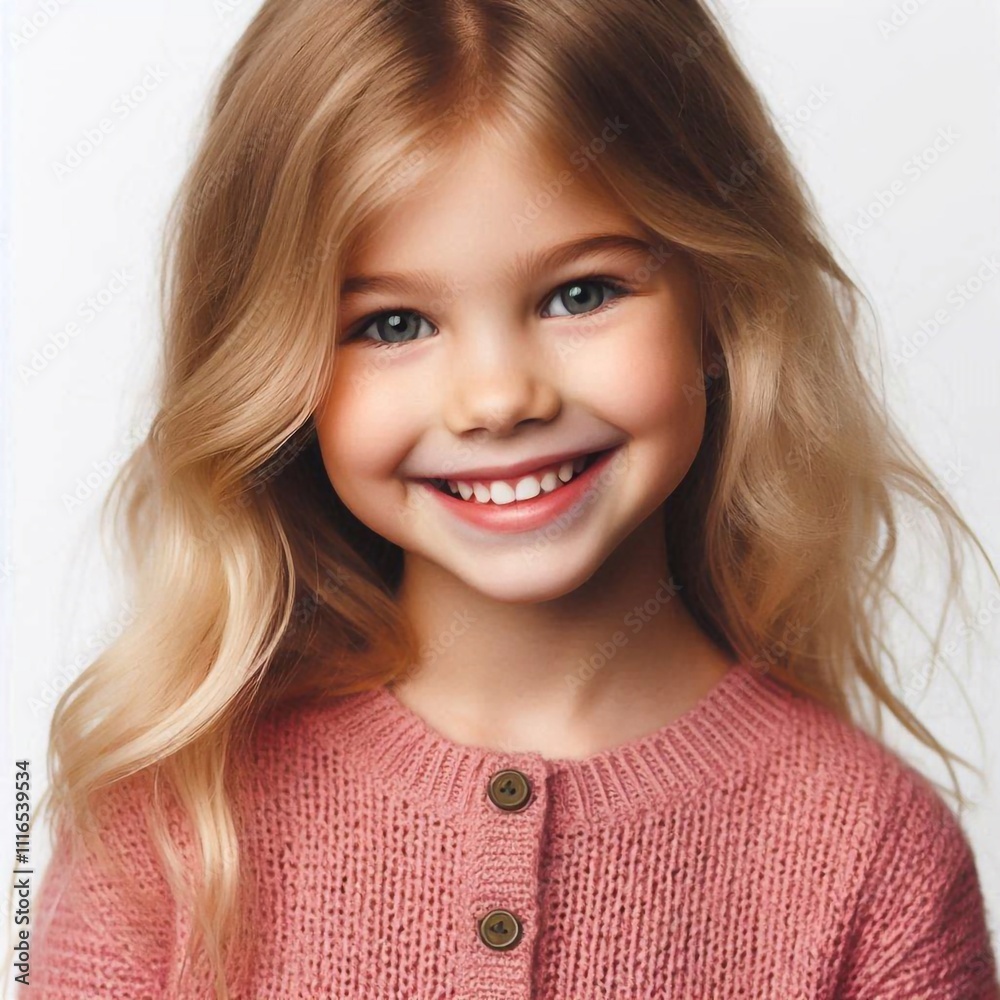Fototapeta premium Smiling blonde girl with wavy hair in pink sweater on white background