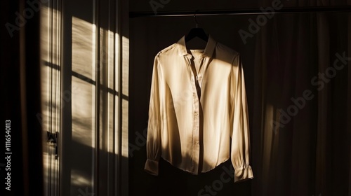 Minimalist display of a retro blouse highlighting sustainable fashion and a calming atmosphere