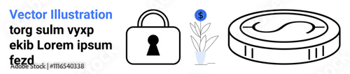 Lock symbolizing security, money plant representing growth, and coin indicating wealth against white background. Ideal for financial planning, investment, security, growth, cryptocurrency, banking