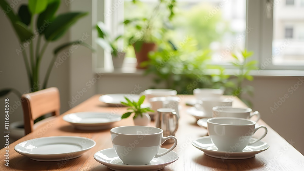 Fototapeta premium Bright Breakfast Table with White Cups and Green Plants