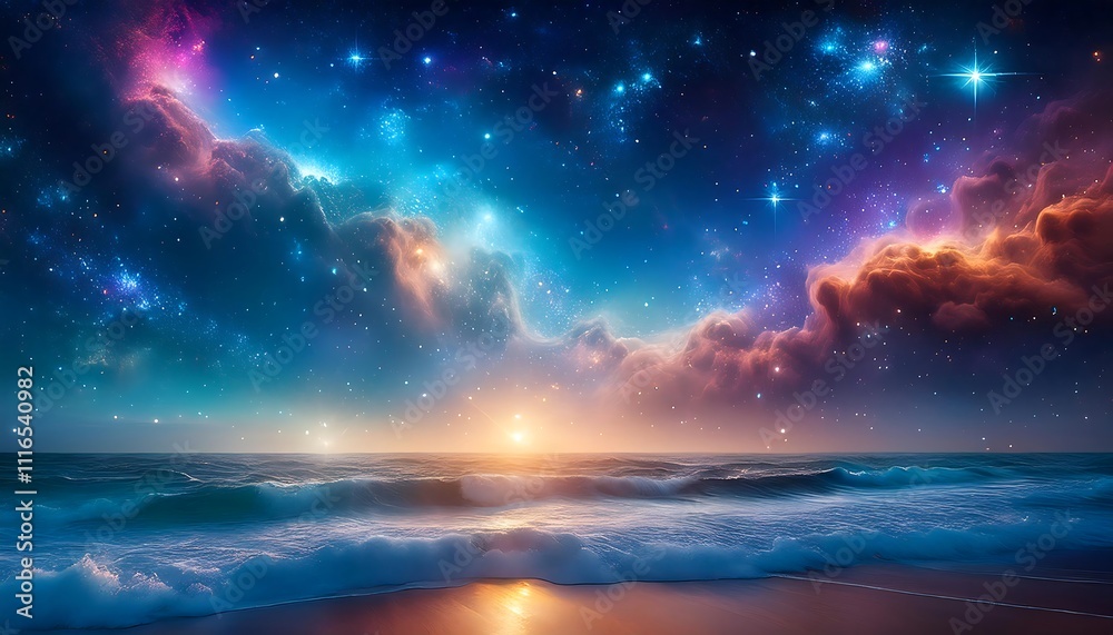 Fototapeta premium Vibrant galaxy filled with colorful nebula and sparkling stars above a tranquil ocean at sunset. Generative AI