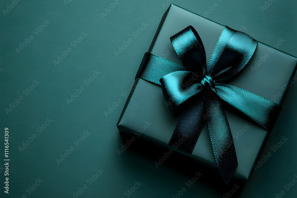 Teal gift box with dark teal ribbon bow.