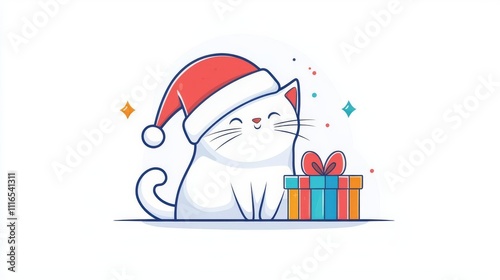 Festive cat with a gift in a cheerful setting.