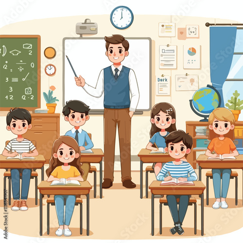 Teacher and students in classroom. Back to classroom