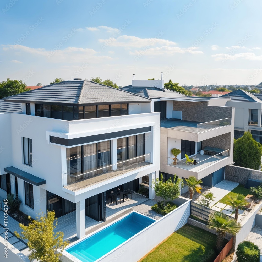 Fototapeta premium AI generator images of white house in the middle of a natural garden,Beautiful contemporary white house with lush grass Residential house for family. Traditional style home with beautiful landscaping.
