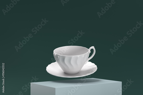 Obraz na plátně A white cup and saucer are suspended in midair