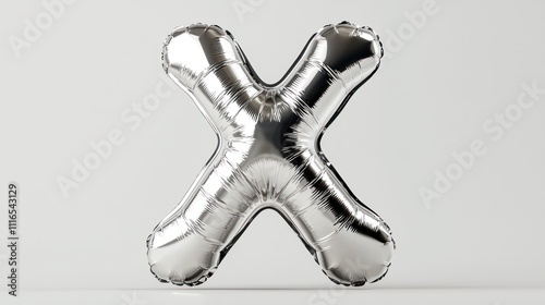 Bold platinum "X" balloon against white, illuminated to bring out its reflective metallic texture,