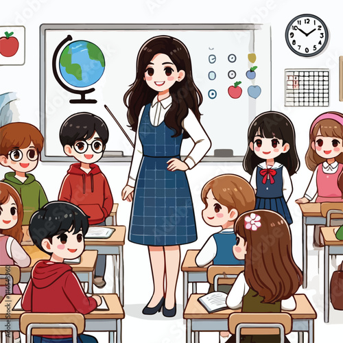 Teacher and students in classroom. Back to classroom