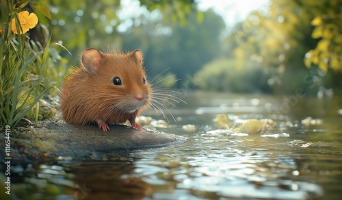 AI generator image of red mouse ,rat,hamster is fishing at the bank of the river in summer in realistic stylet