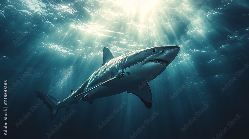 Fototapeta premium A powerful shark swimming through deep ocean waters